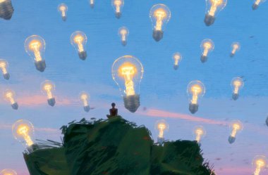 İnsan silueti ve ampullerle soyut arkaplan