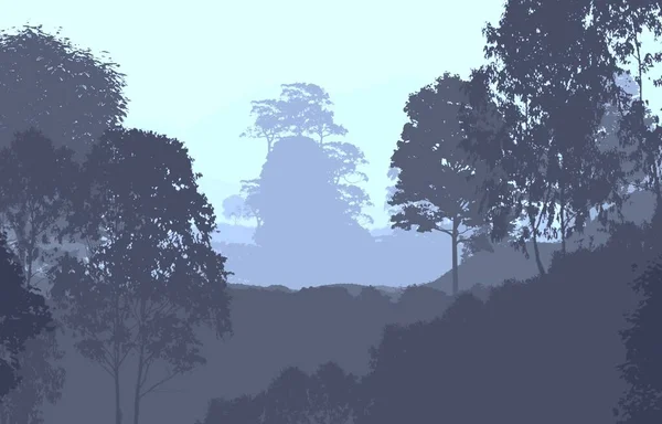 Αφηρημένο Ομιχλώδες Τοπίο Βουνά Δέντρα Φυσικό Υπόβαθρο — Φωτογραφία Αρχείου