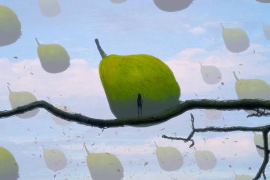 İnsan silueti ve meyveli soyut arkaplan  