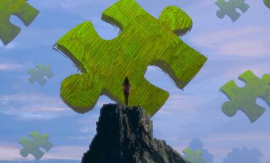 İnsan silueti ve bulmaca parçalarıyla soyut arkaplan  