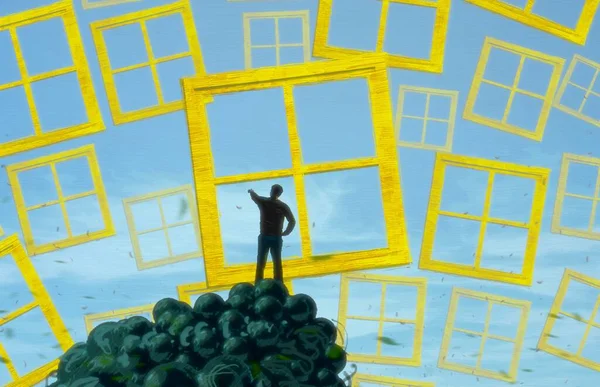 İnsan silueti ve pencereli soyut arkaplan     