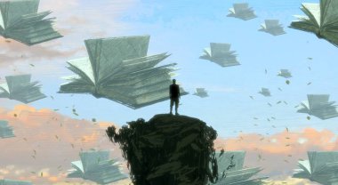 İnsan silueti ve kitaplarla soyut bir arkaplan 