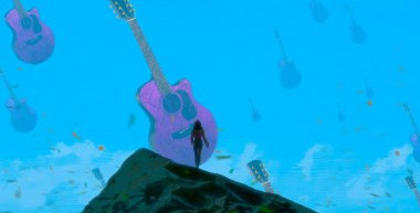 İnsan silueti ve müzikal şeylerle soyut bir arkaplan  