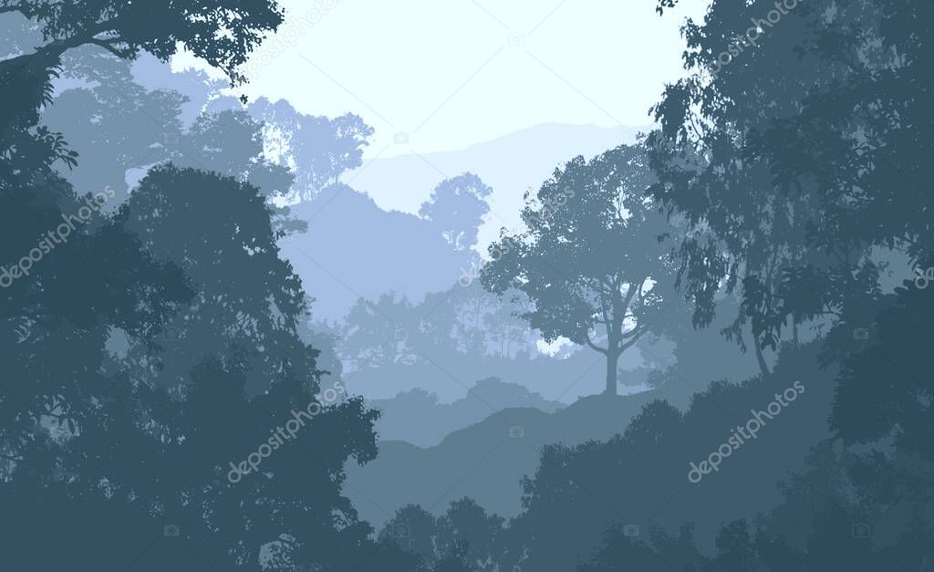 abstract foggy mountains landscape with copy space, natural background