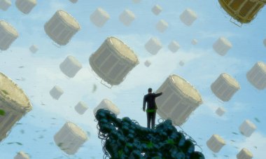 İnsan silueti ve müzikal şeylerle soyut bir arkaplan  