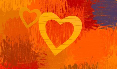 Soyut Sevgililer Günü arkaplan sanatı. Kalpler tuvalde. Çok renkli romantik bir fon. Çağdaş sanat. Sanatsal dijital palet.