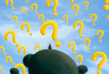 İnsan silueti ve soru işaretleriyle soyut arkaplan 