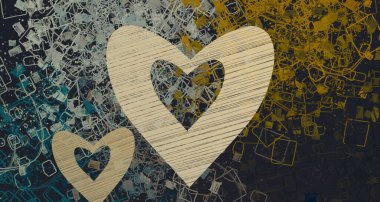 Soyut Sevgililer Günü arkaplan sanatı. Kalpler tuvalde. Çok renkli romantik bir fon. Çağdaş sanat. Sanatsal dijital palet.