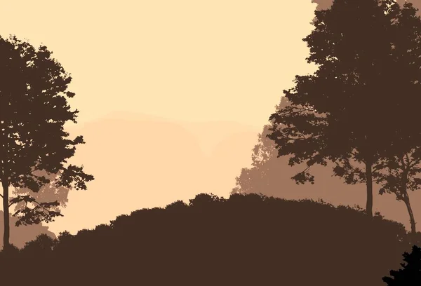Abstracte Mistige Bergen Landschap Met Bomen Natuurlijke Achtergrond — Stockfoto