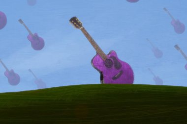 İnsan silueti ve müzik aletleriyle soyut arkaplan