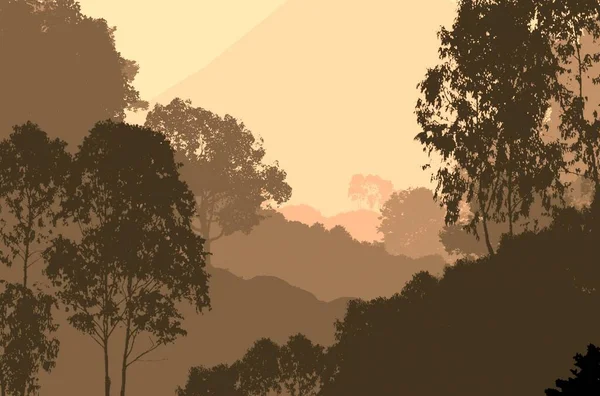 Abstrakte Hügelige Waldlandschaft Mit Nebligen Bäumen Mit Kopierraum Natürlicher Hintergrund — Stockfoto