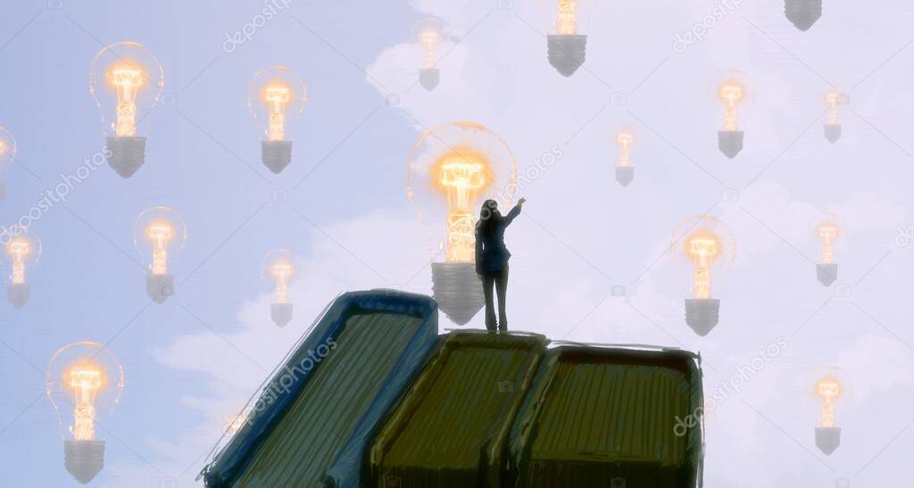 Abstract background with human silhouette and light bulbs   