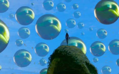 İnsan silueti ve topları ile soyut arkaplan