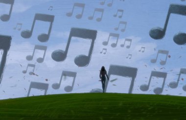 İnsan silueti ve müzikal şeylerle soyut bir arkaplan 