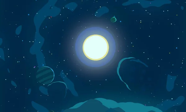 第2D条说明 卡通空间背景图片 浩瀚的太空星星 行星和月亮 各种科幻小说创作背景 空间艺术 外星太阳系 行星和卫星 — 图库照片