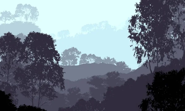 コピースペースのある霧の多い森の風景自然背景 — ストック写真