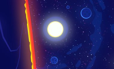 2D çizim. Çizgi film arkaplan resmi. Derin geniş uzay. Yıldızlar, gezegenler ve uydular. Çeşitli bilim kurgu yaratıcı arka planlar. Uzay sanatı. Yabancı güneş sistemleri. Gezegenler ve uydular..