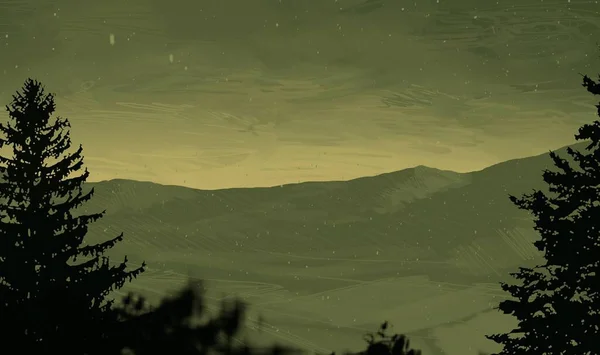 Soyut Sisli Dağlar Ağaçlarla Kaplı Doğal Arkaplan — Stok fotoğraf