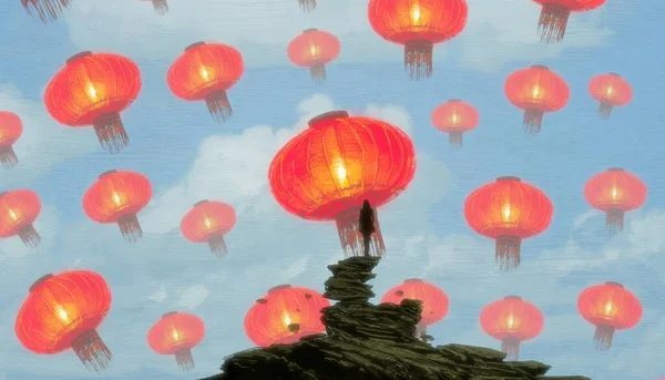 Abstract Background Human Silhouette Chinese Lanterns — Stock Photo, Image