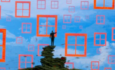 İnsan silueti ve pencereli soyut arkaplan  