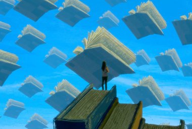 İnsan silueti ve kitaplarla soyut bir arkaplan    