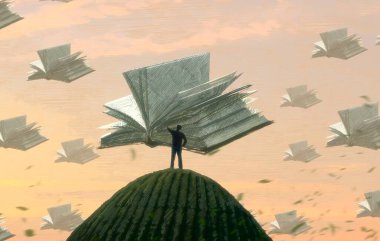 İnsan silueti ve kitaplarla soyut bir arkaplan    