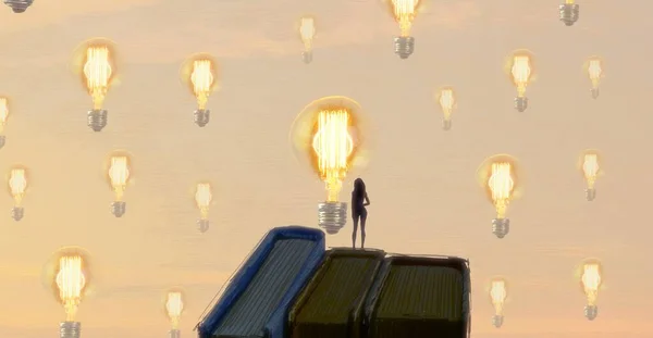 人間のシルエットと電球の抽象的な背景 — ストック写真