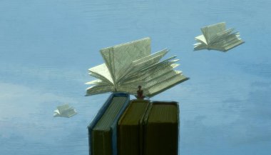 İnsan silueti ve kitaplarla soyut bir arkaplan     