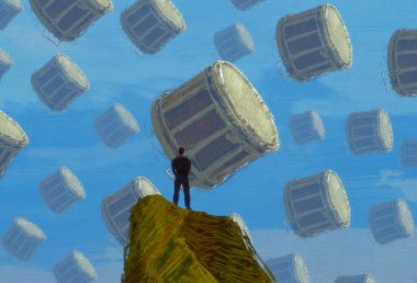 İnsan silueti ve müzikal şeylerle soyut bir arkaplan       