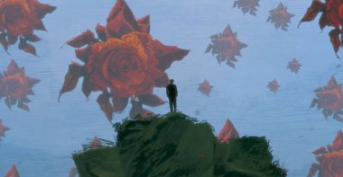 İnsan silueti ve güllerle soyut bir arkaplan 