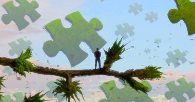 İnsan silueti ve bulmaca parçalarıyla soyut arkaplan  