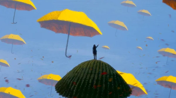 带有人物形象和雨伞的抽象背景 — 图库照片