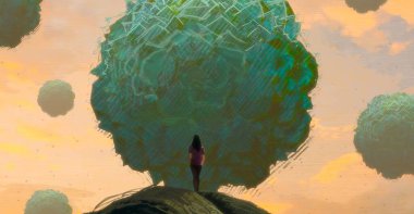 İnsan silueti ve geometrik biçimlere sahip soyut arkaplan