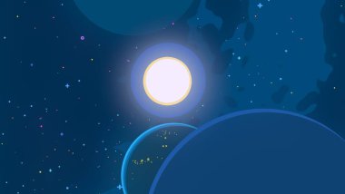 2D çizim. Çizgi film arkaplan resmi. Derin geniş uzay. Yıldızlar, gezegenler ve uydular. Çeşitli bilim kurgu yaratıcı arka planlar. Uzay sanatı. Yabancı güneş sistemleri. Gezegenler ve uydular..