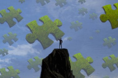 İnsan silueti ve bulmaca parçalarıyla soyut arkaplan 