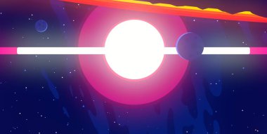 2D çizim. Çizgi film arkaplan resmi. Derin geniş uzay. Yıldızlar, gezegenler ve uydular. Çeşitli bilim kurgu yaratıcı arka planlar. Uzay sanatı. Yabancı güneş sistemleri. Gezegenler ve uydular..