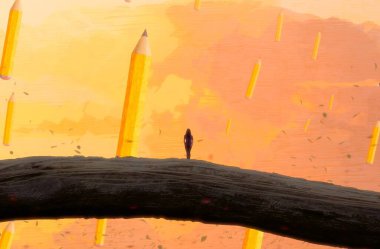 İnsan silueti ve kalemlerle soyut bir arkaplan   