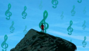 İnsan silueti ve müzikal şeylerle soyut bir arkaplan 