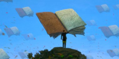 İnsan silueti ve kitaplarla soyut bir arkaplan  