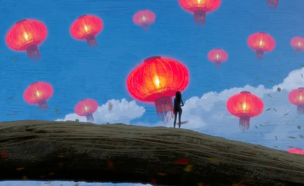 Abstract background with human silhouette and Chinese lanterns