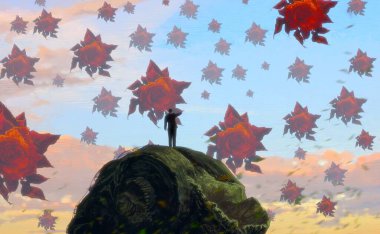 İnsan silueti ve güllerle soyut bir arkaplan 