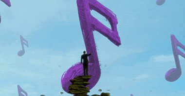 İnsan silueti ve müzikal şeylerle soyut bir arkaplan  