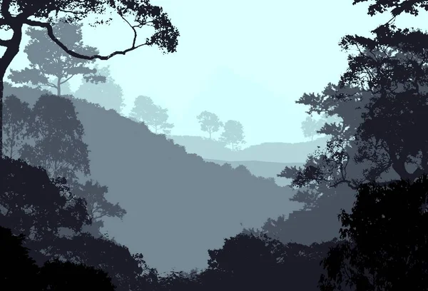 Abstrakcyjny Mglisty Krajobraz Gór Drzewami Naturalne Tło — Zdjęcie stockowe