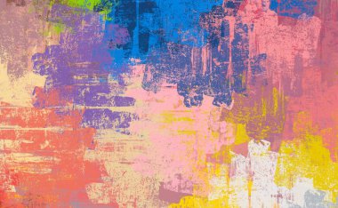 Soyut arka plan sanatı. 2D çizim. Etkileyici yağlı boya resim. Tuvalde fırça darbeleri. Modern sanat. Çok renkli arkaplan. Çağdaş sanat. İfade. Sanatsal dijital palet.