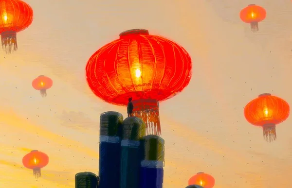 Abstrakter Hintergrund Mit Menschlicher Silhouette Und Chinesischen Laternen — Stockfoto