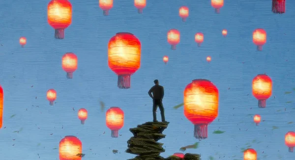 Abstrakter Hintergrund Mit Menschlicher Silhouette Und Chinesischen Laternen — Stockfoto