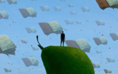 İnsan silueti ve kitaplarla soyut bir arkaplan