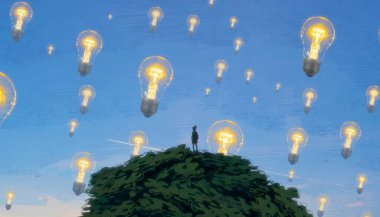 İnsan silueti ve ampullerle soyut arkaplan