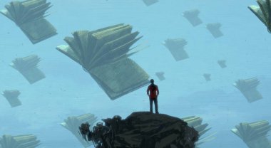 İnsan silueti ve kitaplarla soyut bir arkaplan