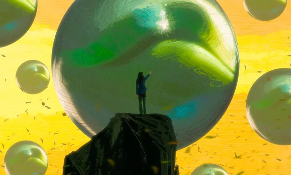 Abstrakter Hintergrund Mit Menschlicher Silhouette Und Grünen Kugeln — Stockfoto